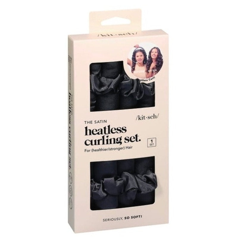 Kitsch The Satin Heatless Hair Curling Set Curling Rod & Satin Scrunchies Black