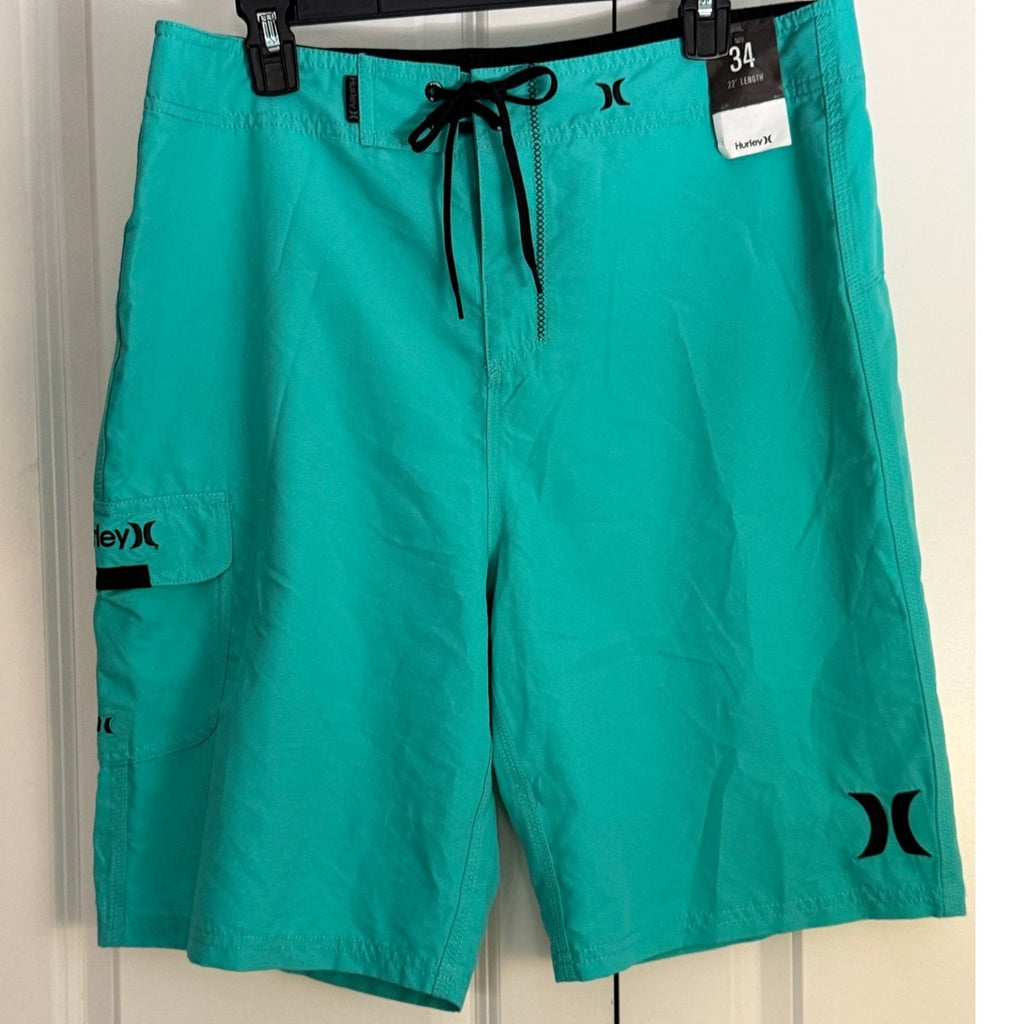 Hurley Phantom Board Shorts 34 Turquoise Stretch Surf Swim Trunks Pockets NWT