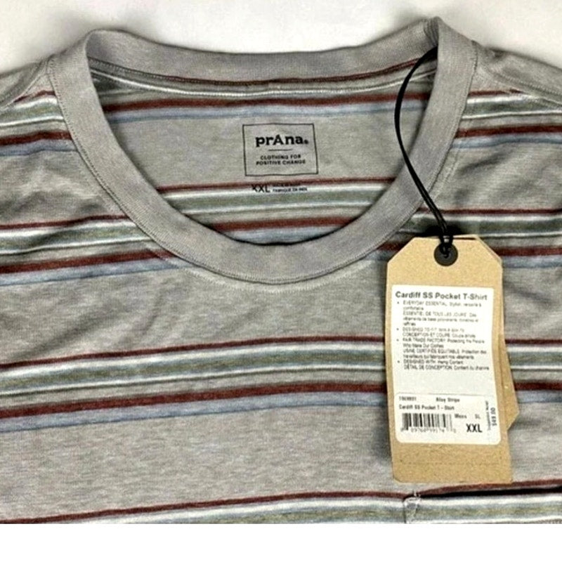 prAna Mens Organic Cotton & Hemp Tee Shirt Size XXL Gray /Alloy w/Stripes NWT