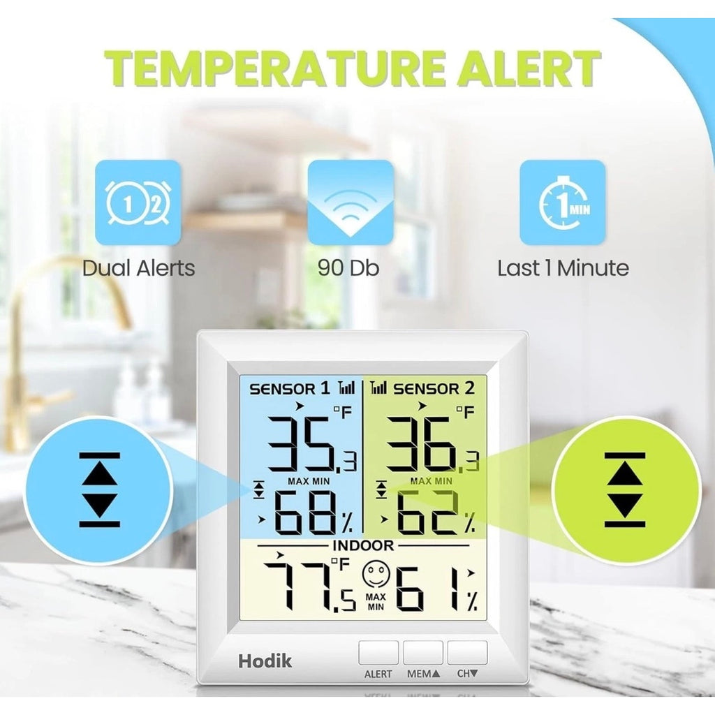 Hodik Digital Wireless Thermometer Refrigerator Freezer Alarm 2 Remote Sensors
