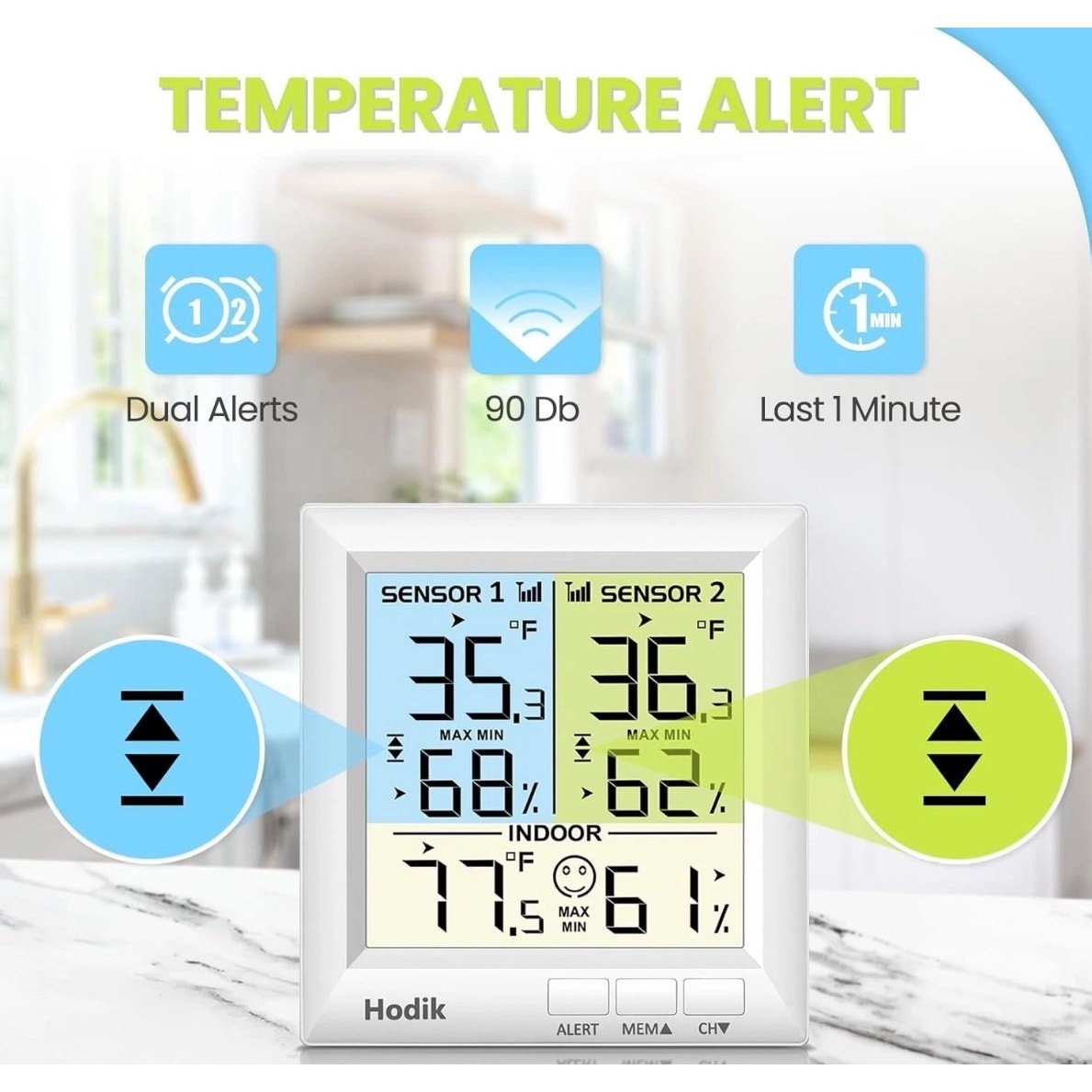 Hodik Digital Wireless Thermometer Refrigerator Freezer Alarm 2 Remote Sensors