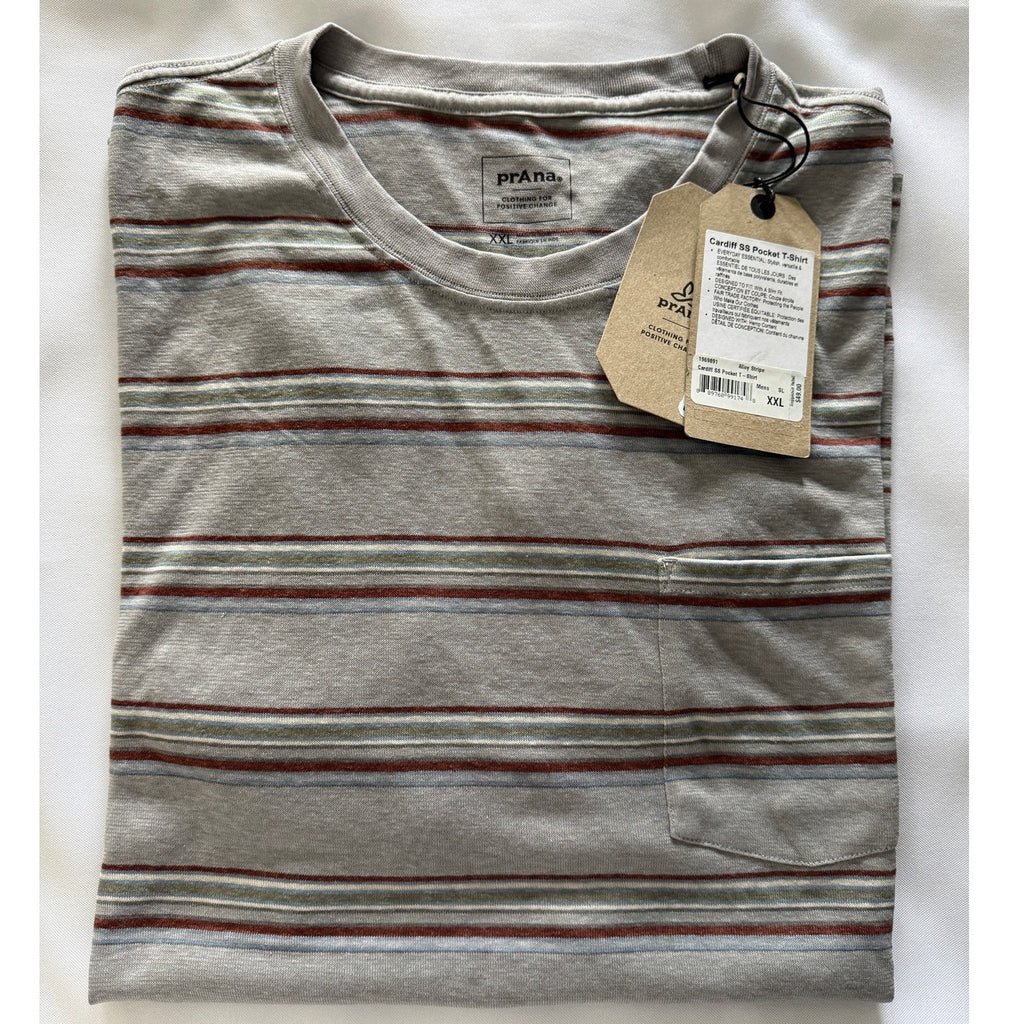 prAna Cardiff SS Pocket Tee Mens XXL Hemp‑Cotton Eco Blend Gray Alloy Stripe NWT