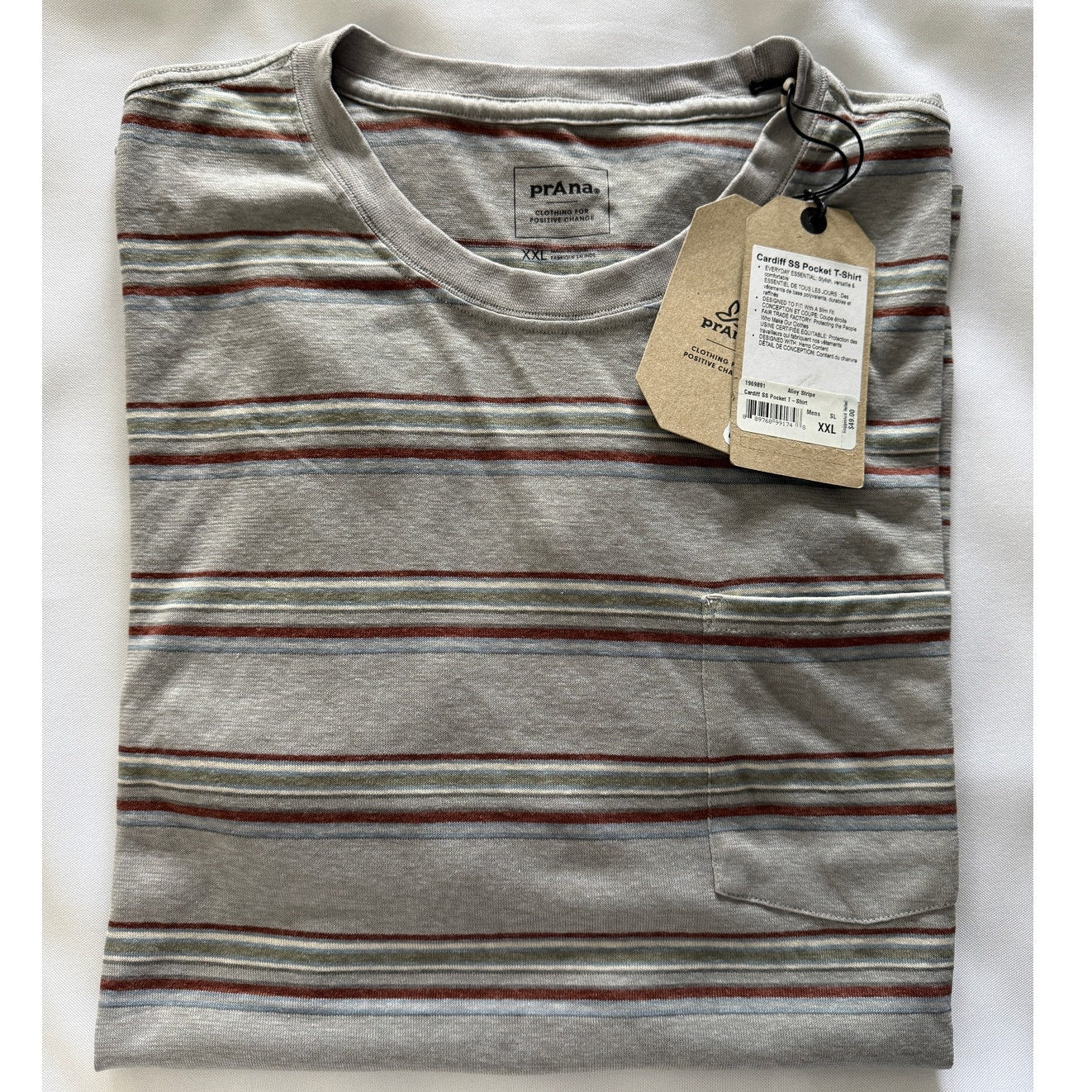 prAna Cardiff SS Pocket Tee Mens XXL Hemp‑Cotton Eco Blend Gray Alloy Stripe NWT