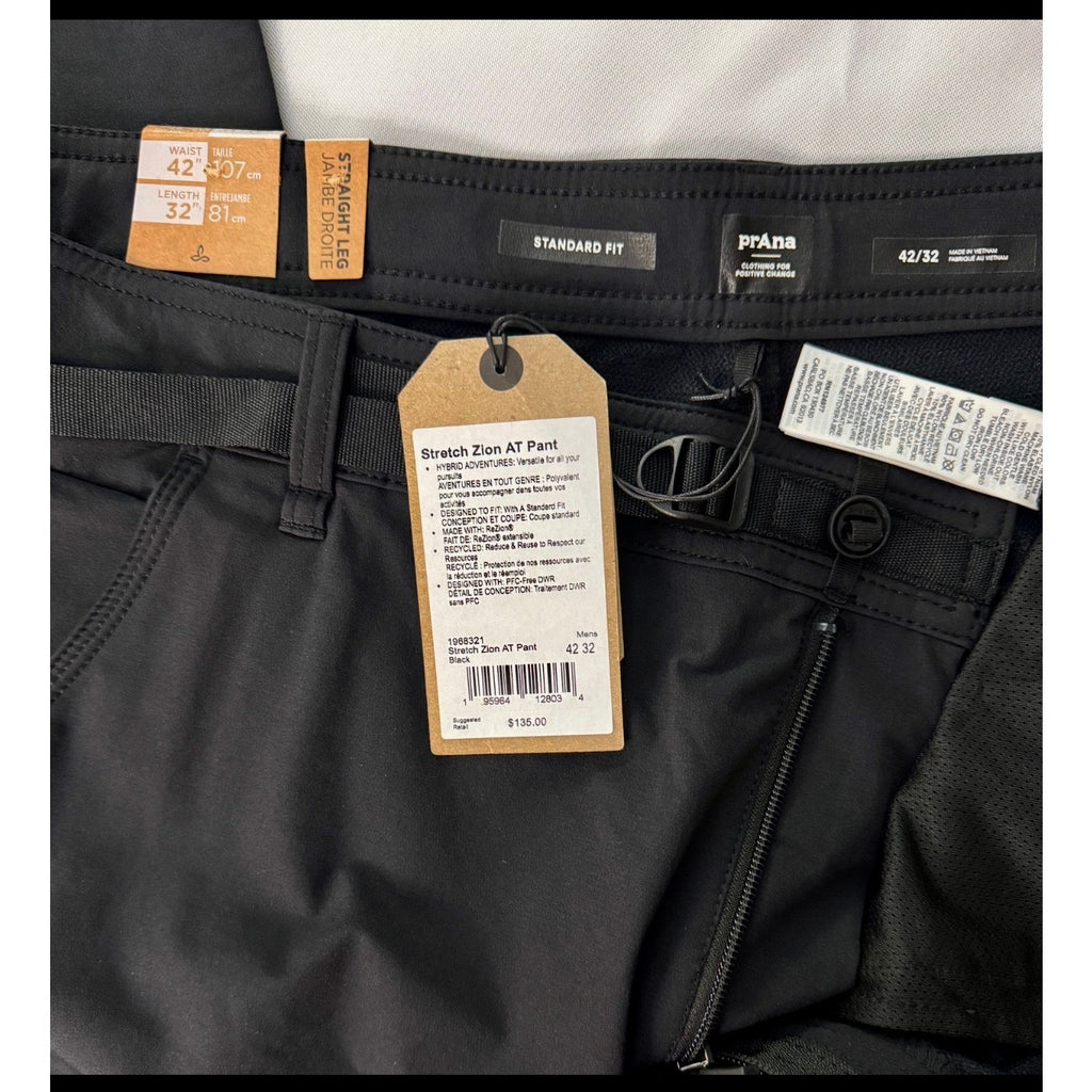 prAna Stretch Zion AT Technical Pants Standard Fit Black Mens Sz 42x32 NWT $135