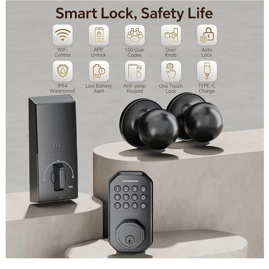 Smart Keyless Deadbolt Lock Set w/ Keypad & Door Knobs App Controlled MatteBlack