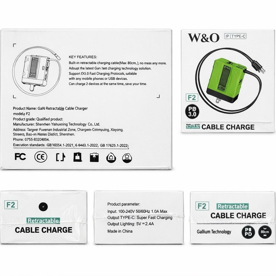 W&O F2 GaN Retractable Charger PD3.0 TypeC + Lightning Fast Charge Adapter Black