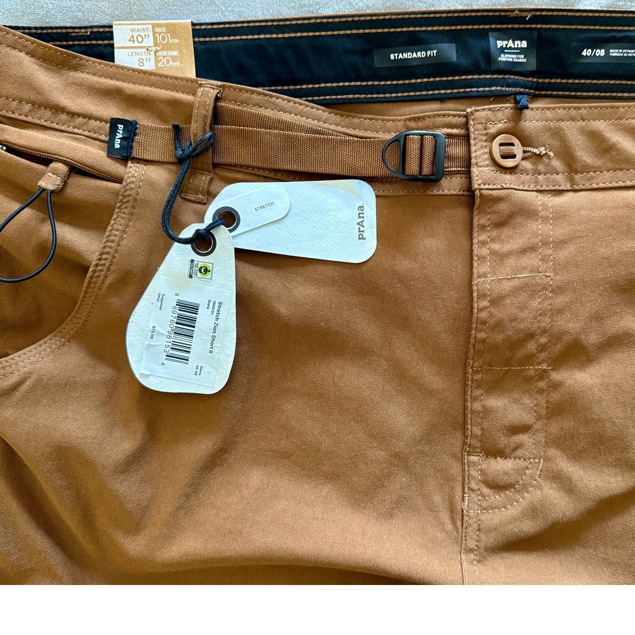 Mens PrAna Stretch Zion Short II w/ Belt Size 40" 8" -Sepia / Rust NWT *Also 38"