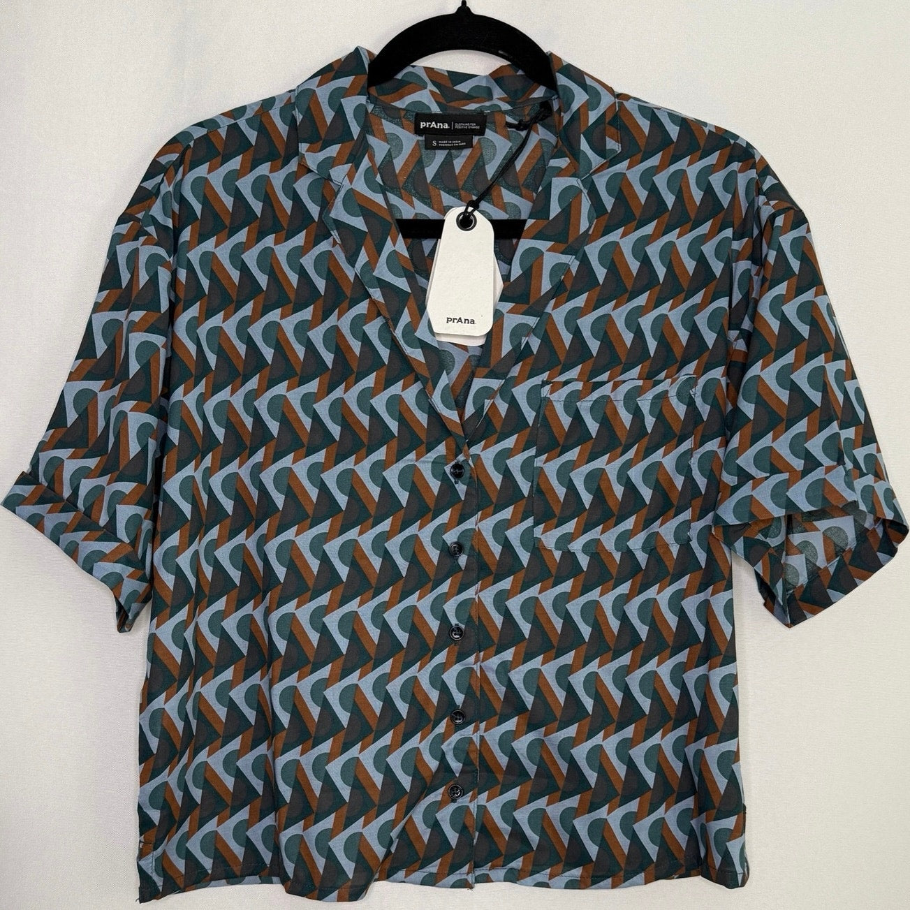 PrAna Iguala Retro Geo Mid Top High Tide Blues Button Down Shirt Women S NWT