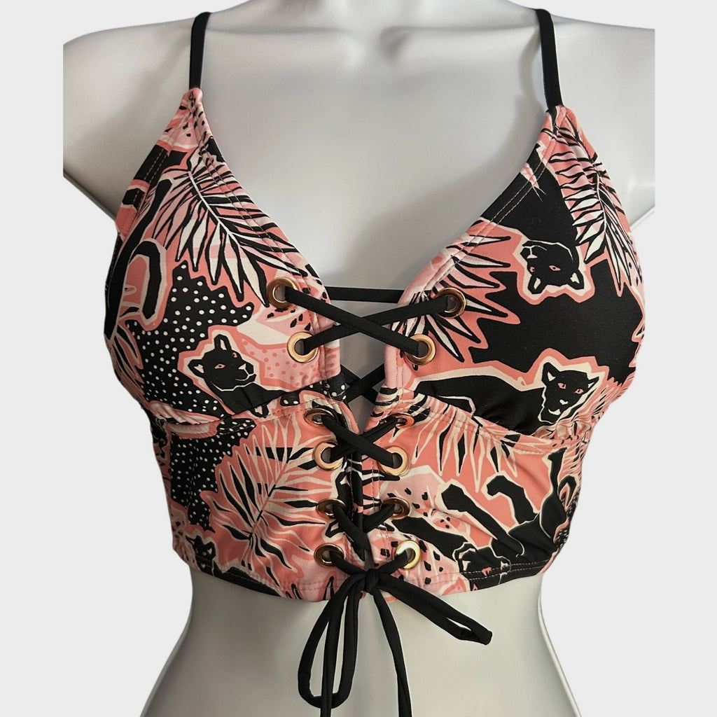 BCBGeneration Swim Black Panther Peach Jungle Print Lace-Up Bikini Top Only Size Small