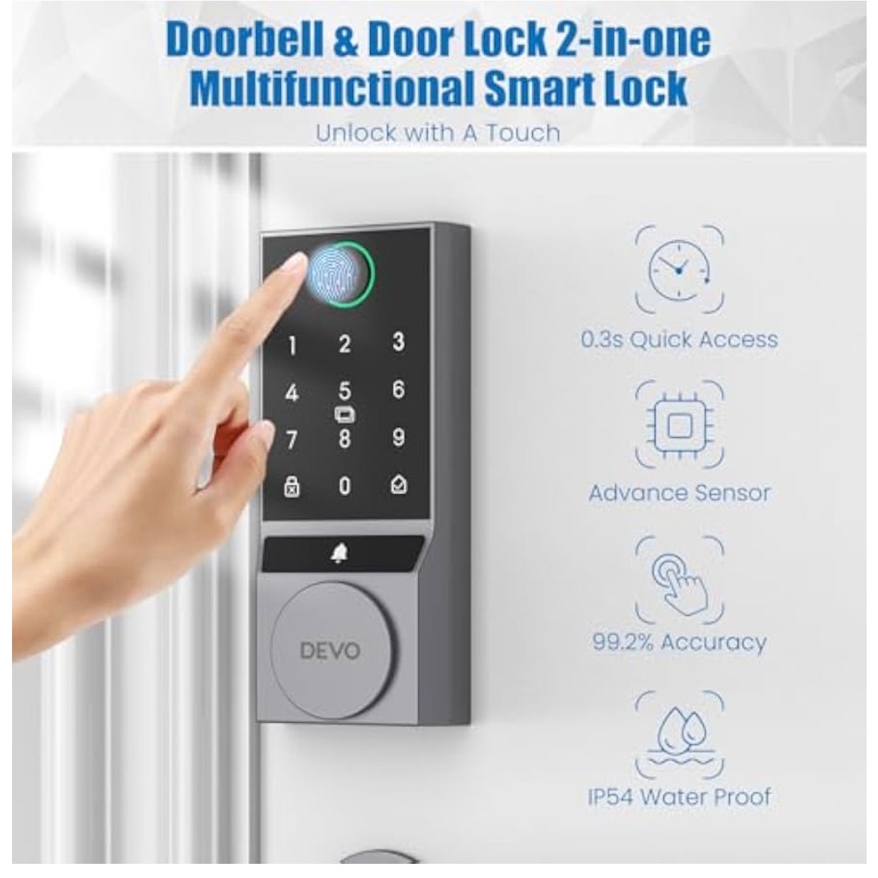 DEVO G2 Keypad Deadbolt Smart Lock Fingerprint Keypad IC Card Matte Black NOB