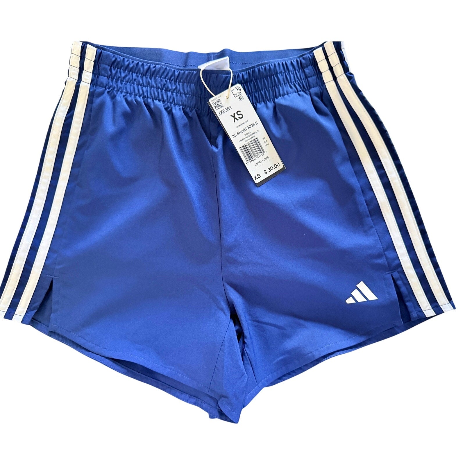 Adidas High‑Rise Blue 3‑Stripe Athletic Lightweight Elastic Waist Logo Shorts XS