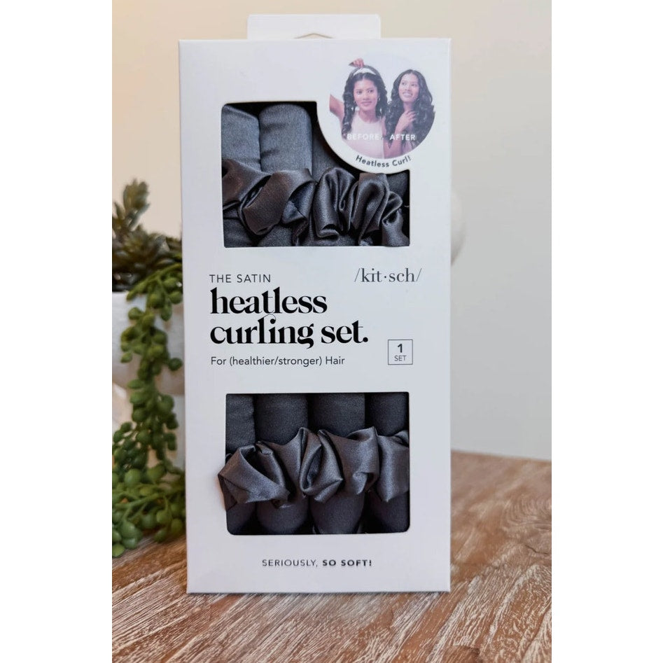Kitsch The Satin Heatless Hair Curling Set Curling Rod & Satin Scrunchies Black