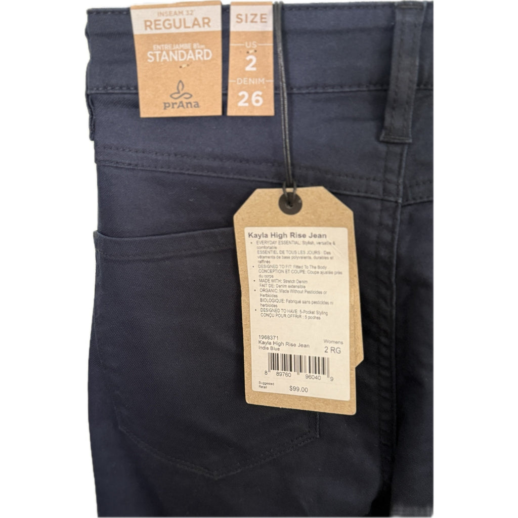 PrAna Kayla High Rise Jean Indie Blue Organic Stretch Denim 5‑Pocket Fit Sz 2 RG