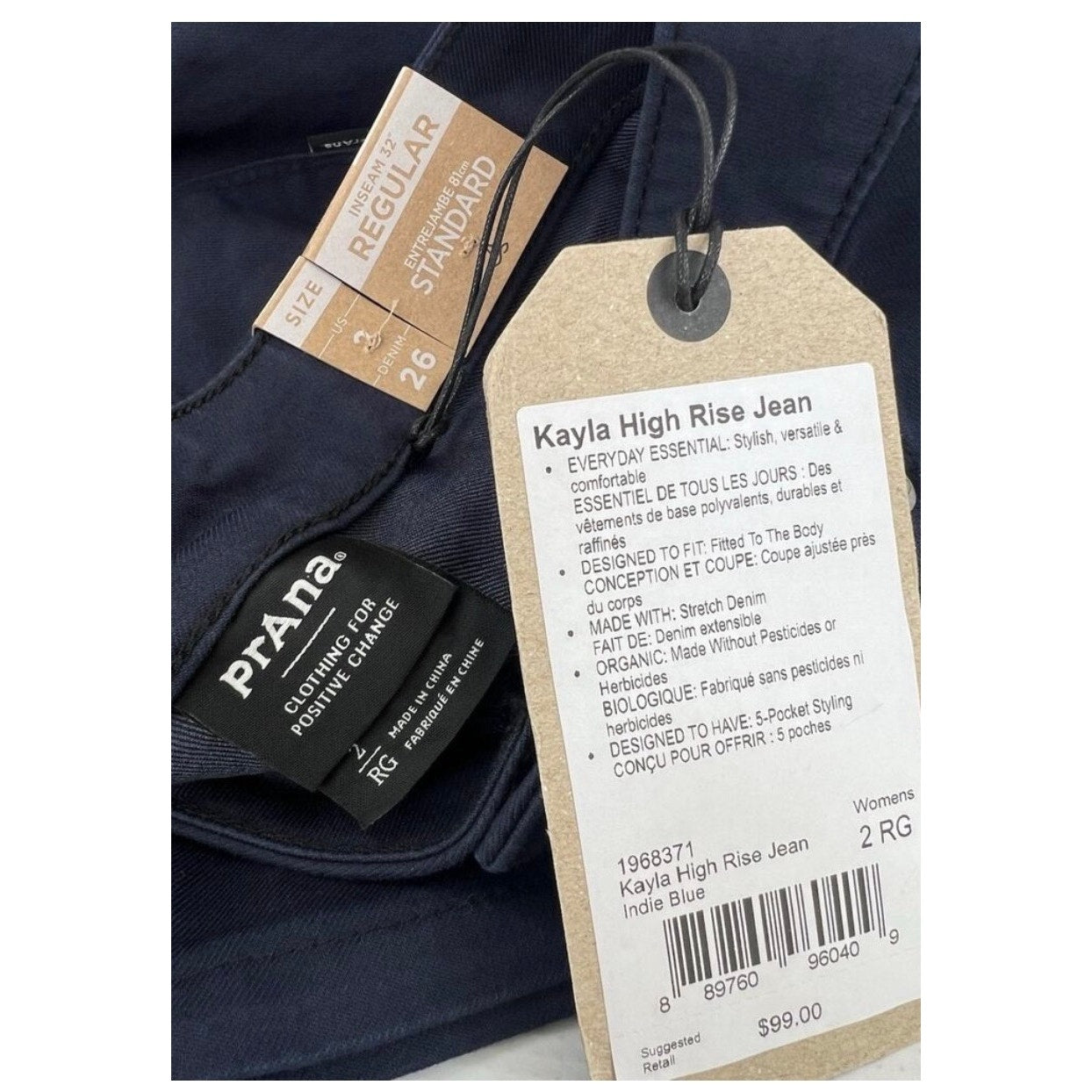 PrAna Kayla High Rise Jean Indie Blue Organic Stretch Denim 5‑Pocket Fit Sz 2 RG