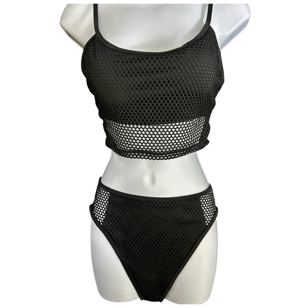 Refuge Swim Bikini Set Mesh Overlay Cami Top & Matching High Waist Bottoms Sz S