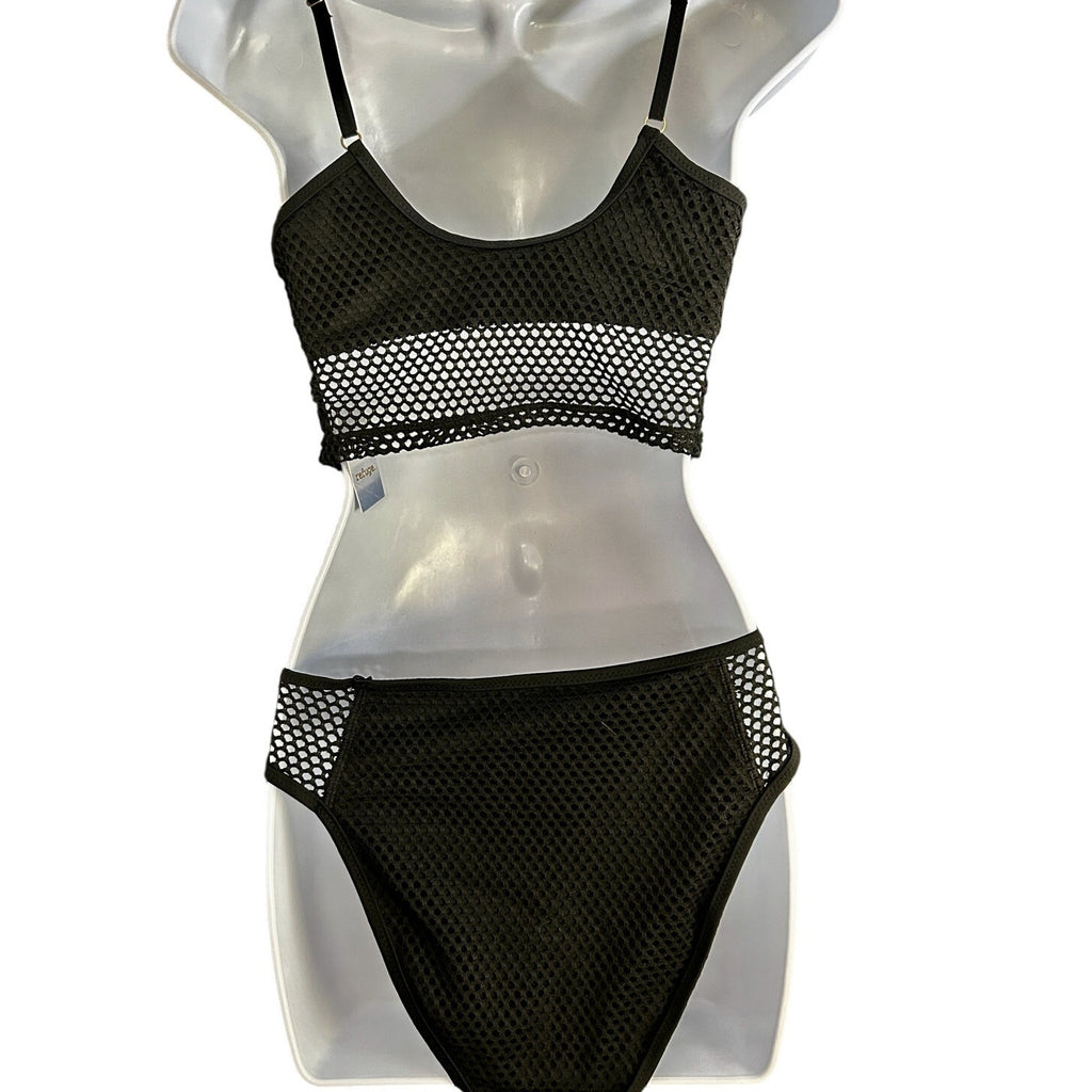 Refuge Swim Bikini Set Mesh Overlay Cami Top & Matching High Waist Bottoms Sz S