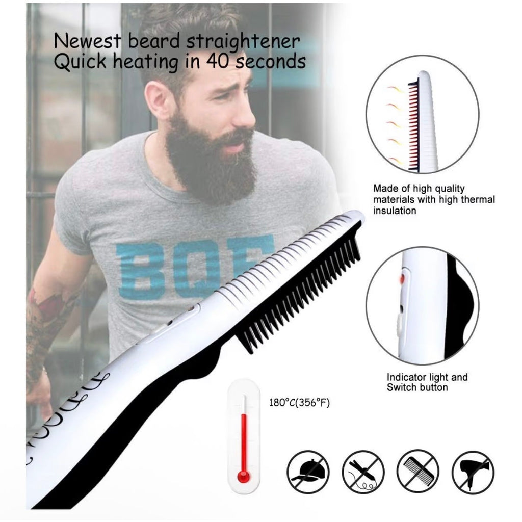 Mens 2‑in‑1 Beard Straightener & Hair Comb Ceramic Fast Heating All Hair Types