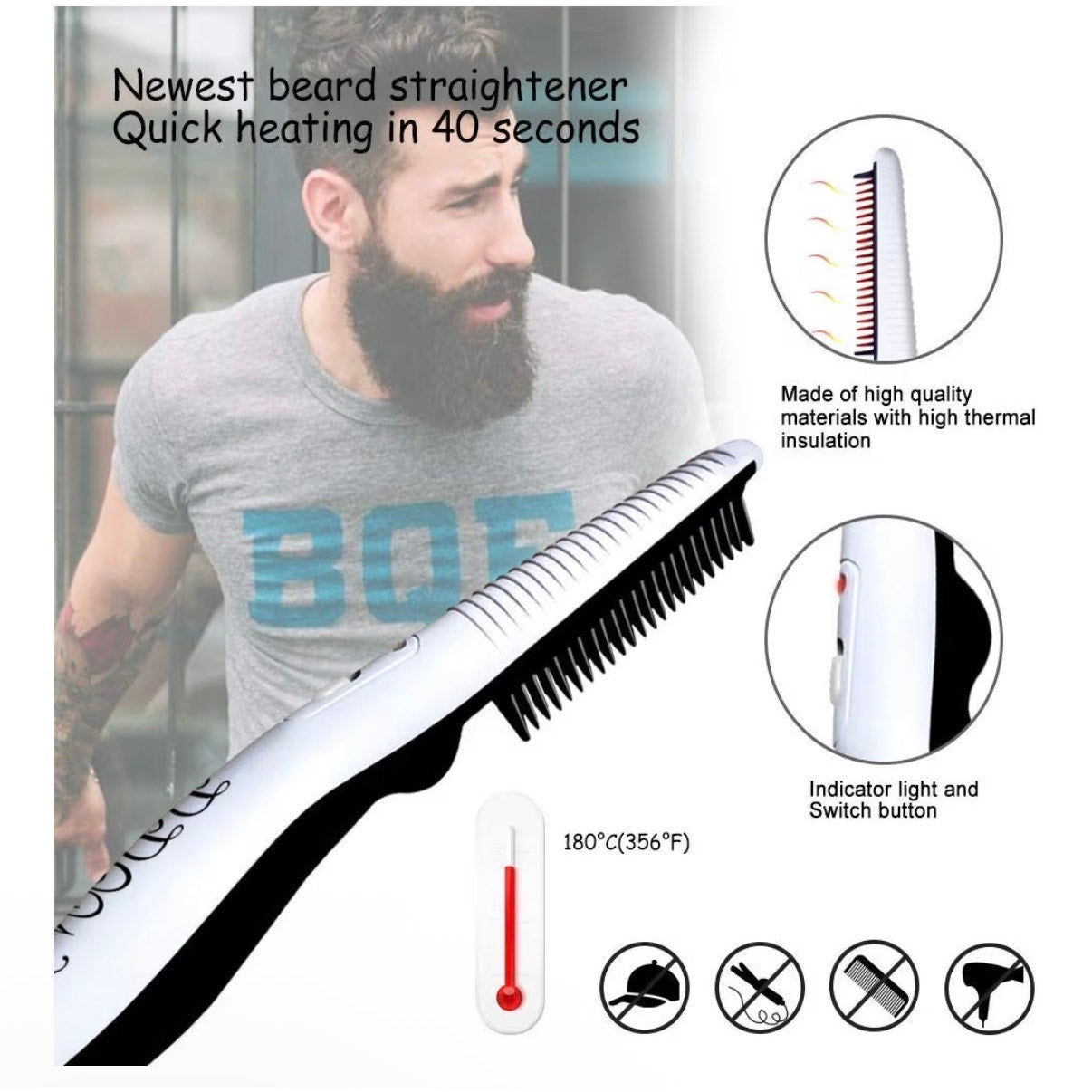 Mens 2‑in‑1 Beard Straightener & Hair Comb Ceramic Fast Heating All Hair Types