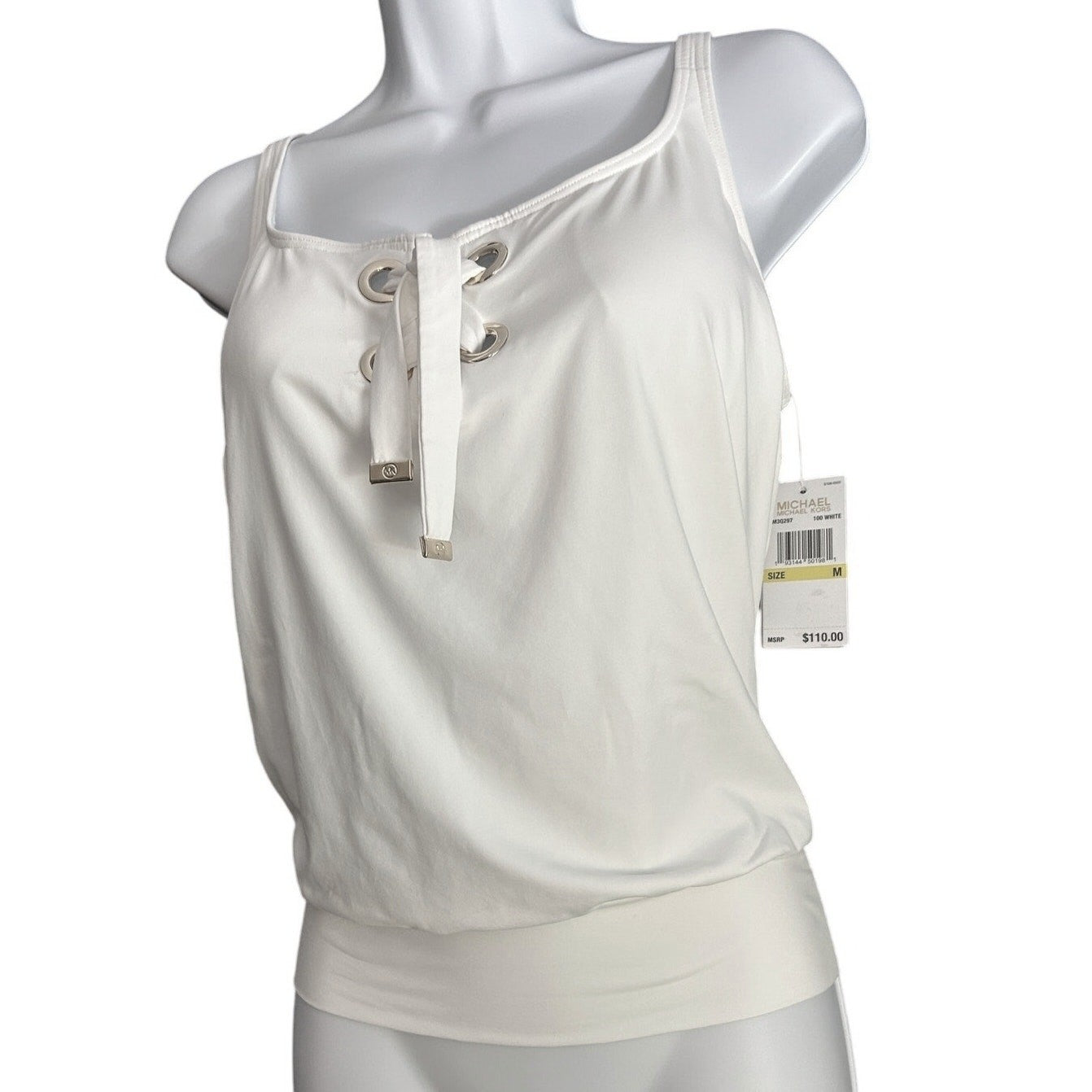NEW Michael Kors Tankini Swim Top – Size M, White, Tie Front Gold Grommet Detail