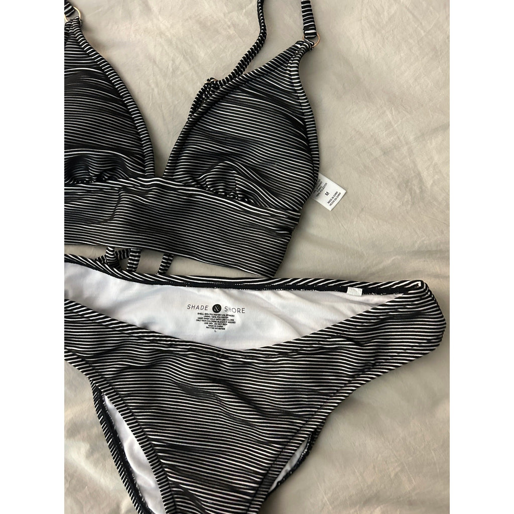 Shade & Shore Black White Textured Striped Bikini Set – M Top, L Bottom