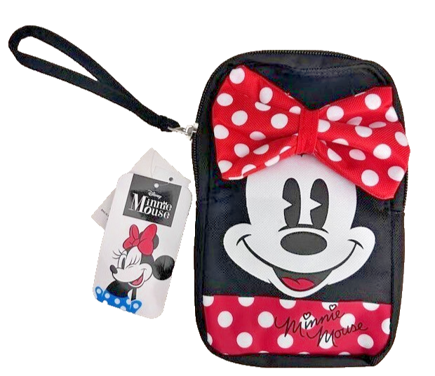 NWT Disney Minnie Mouse w/3D Bow & Big Face Wristlet Zipper Purse Bag Black Red