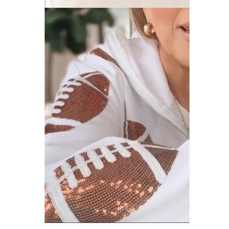Superbowl Game Day Football Sequins 3/4 zip Hoodie Tailgate Games Partys Sz Med 