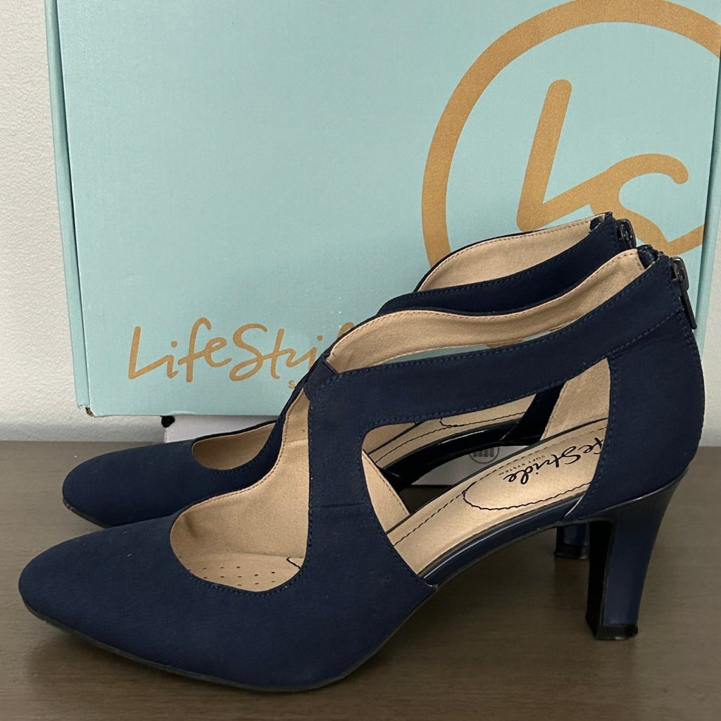 Lifestride Giovanna 2 Pump Heel Sandals Navy Blue 8.5 Wide EUC