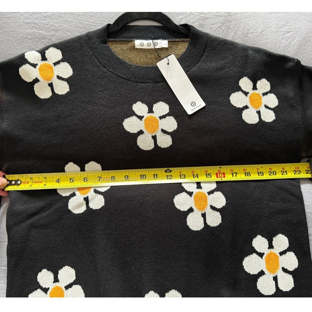 Black Floral Knit Sweater – Size Medium Long Sleeve Crochet Pullover New