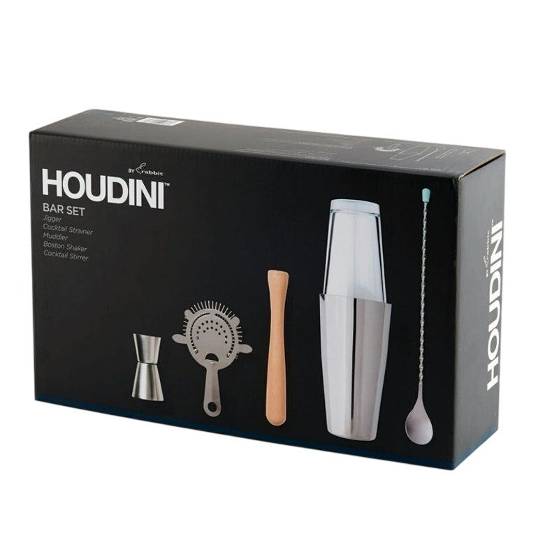 NICE Houdini 5 Piece Bar Set Stainless Tin Wood Essential Mixology Cocktails NEW