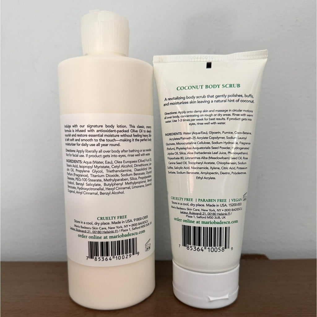Mario Badescu Coconut Scrub 6oz + Olive Body Lotion 16oz | New Skincare Duo