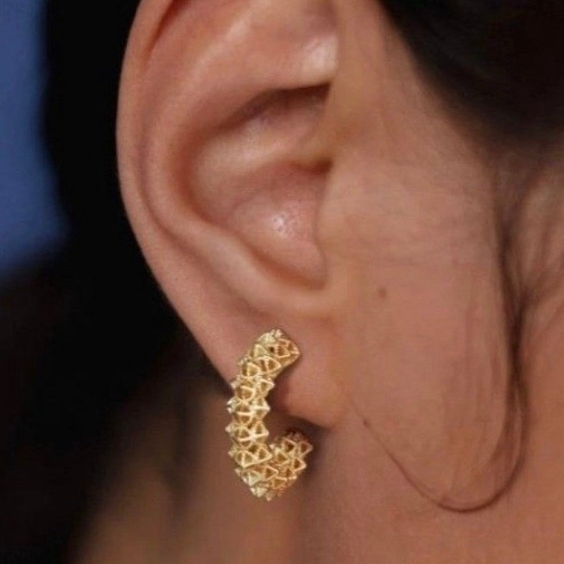 Al&Tiffy 14K Gold Plated Hollow Thick Hoop Stud Earring Geometric Lattice Design