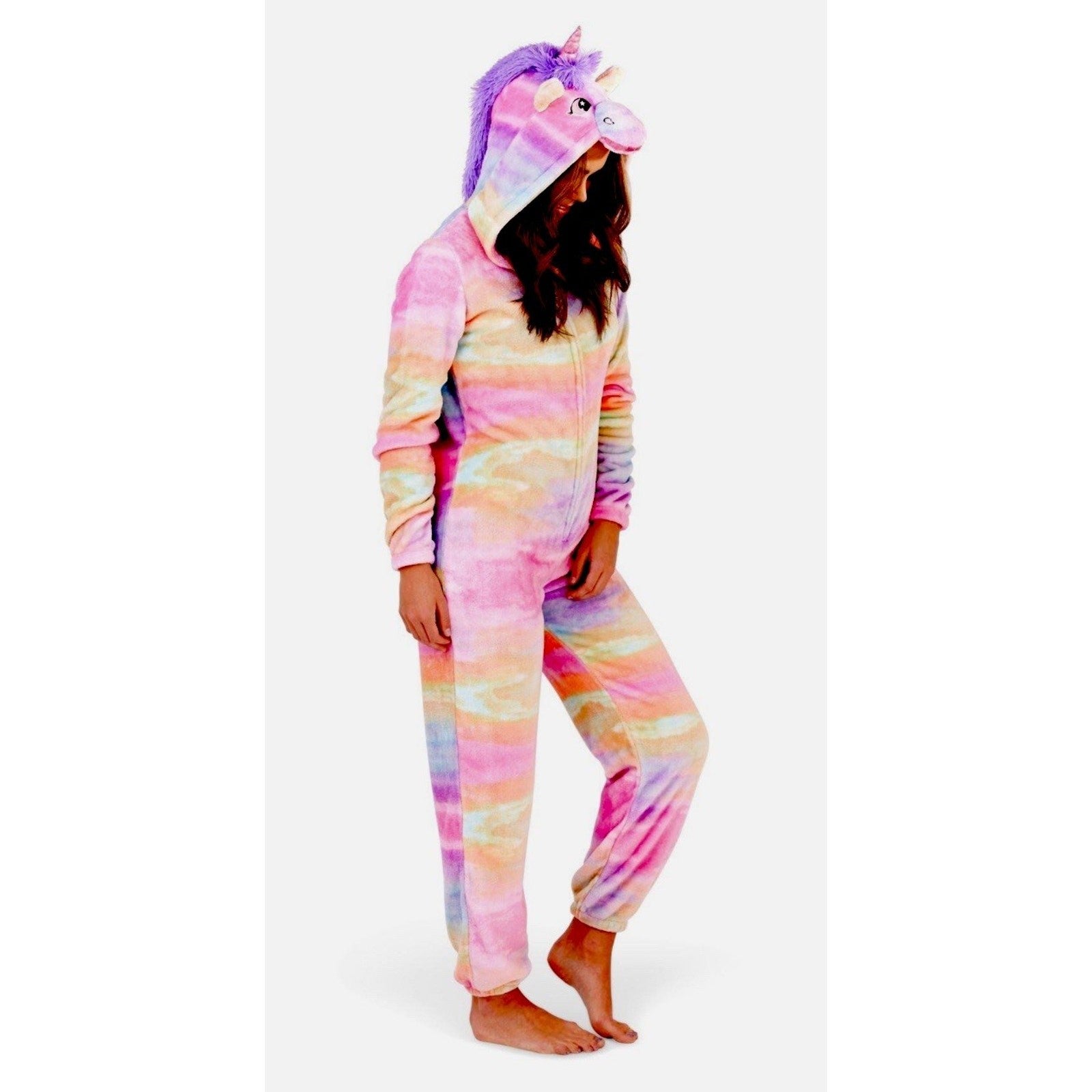 NWT Unicorn Hooded Lounge Sleepwear Costume Pajamas, Medium Pastel Rainbow Plush