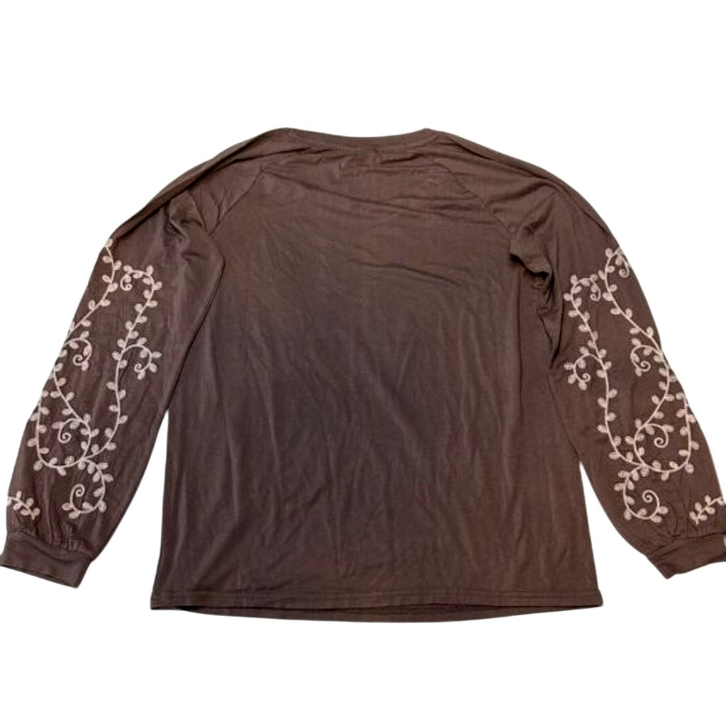 NEW Aventura Organic Cotton Brown Top Sleeves 3D Embroidered Floral Design Sz XS