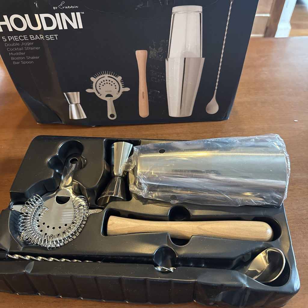 NICE Houdini 5 Piece Bar Set Stainless Tin Wood Essential Mixology Cocktails NEW