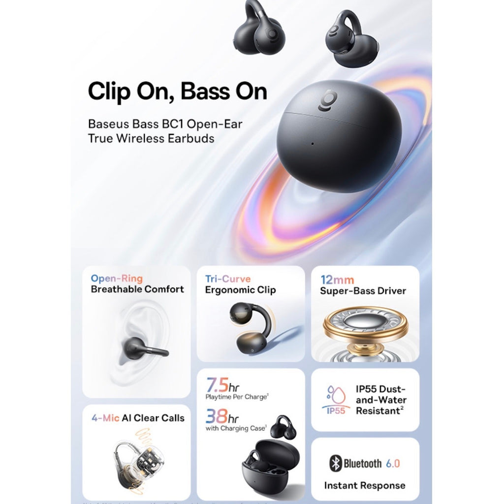 SEALED Baseus BC1 Open Ear Clip Earbuds, Bluetooth 6.0, 4‑Mics, Super Bass, IP55