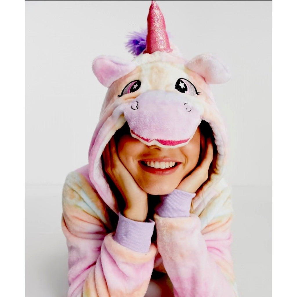 NWT Unicorn Hooded Lounge Sleepwear Costume Pajamas, Medium Pastel Rainbow Plush