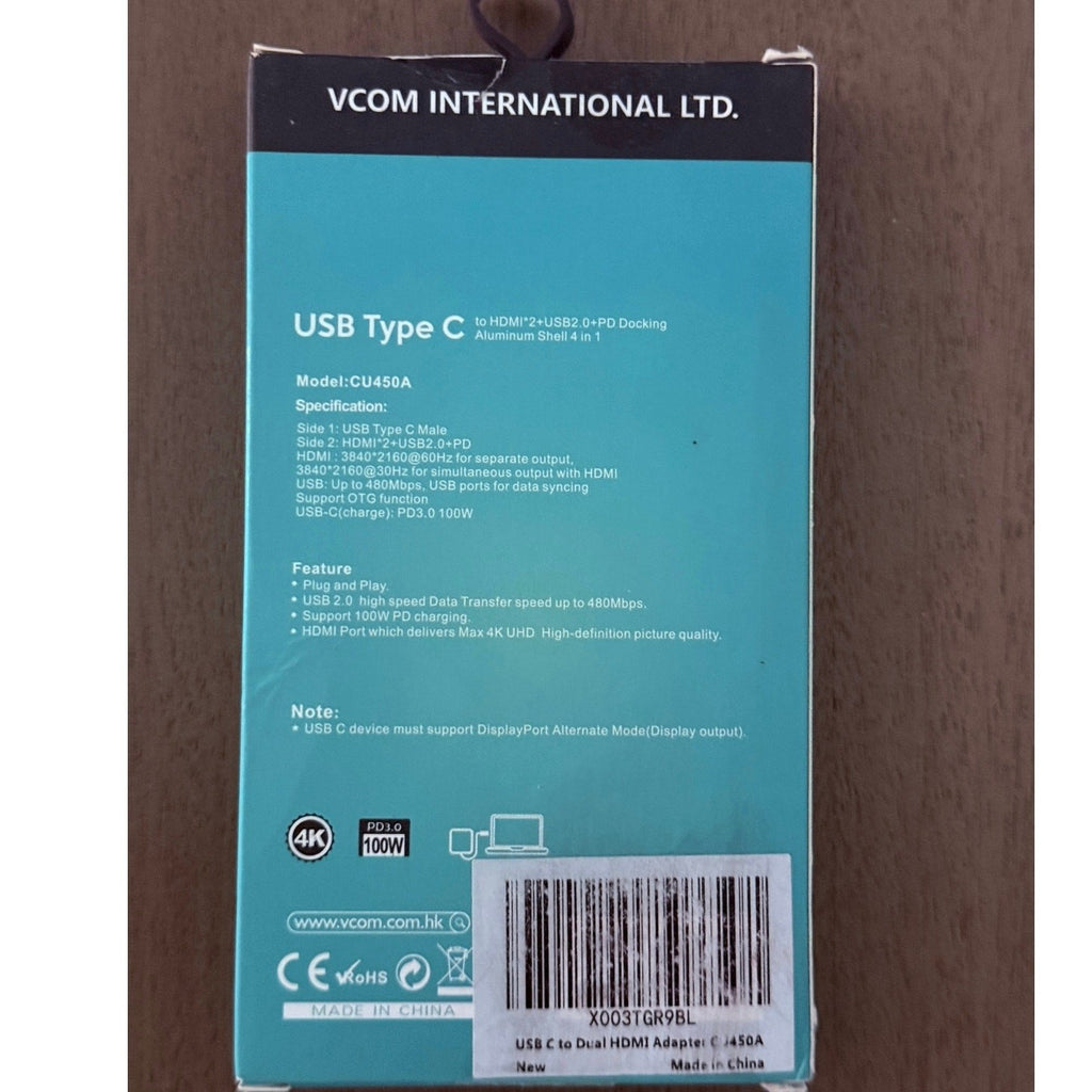 Portable VCOM USB C to Dual HDMI Adapter New