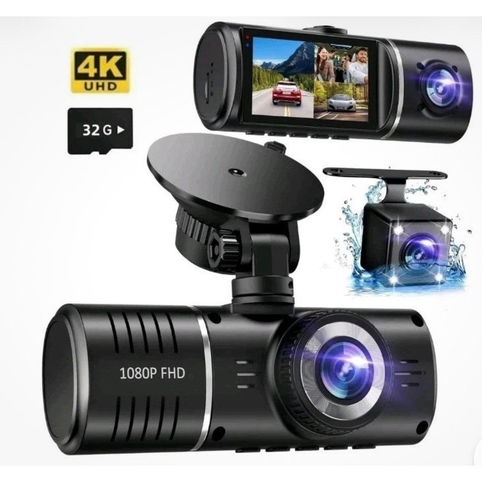 Aldf Dash Cam 3 Channel Dash Cam, 4K+1080P Cam Front Rear & Inside 32gb Card HDR