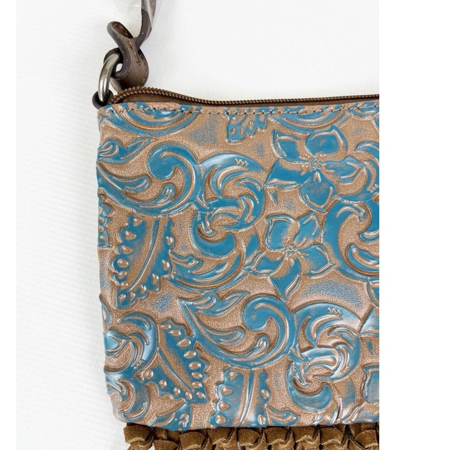 Justin Western Fringe Shoulder / WristletBag Blue Beige Leather + Free Earrings