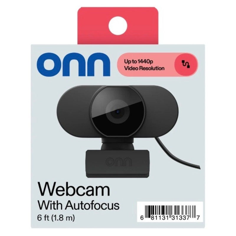onn 1440P Webcam with Autofocus and Built-in Microphone, Adjustable, Black 