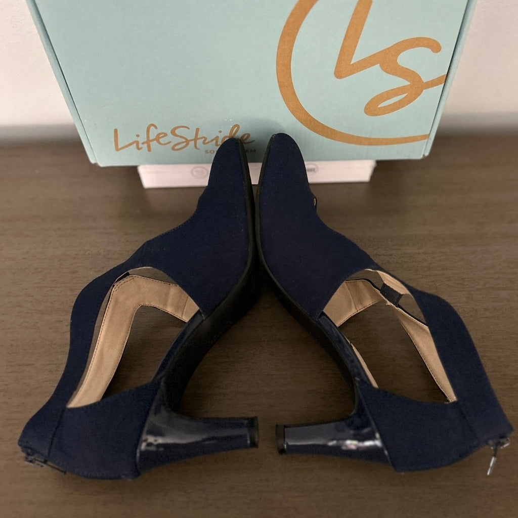 Lifestride Giovanna 2 Pump Heel Sandals Navy Blue 8.5 Wide EUC