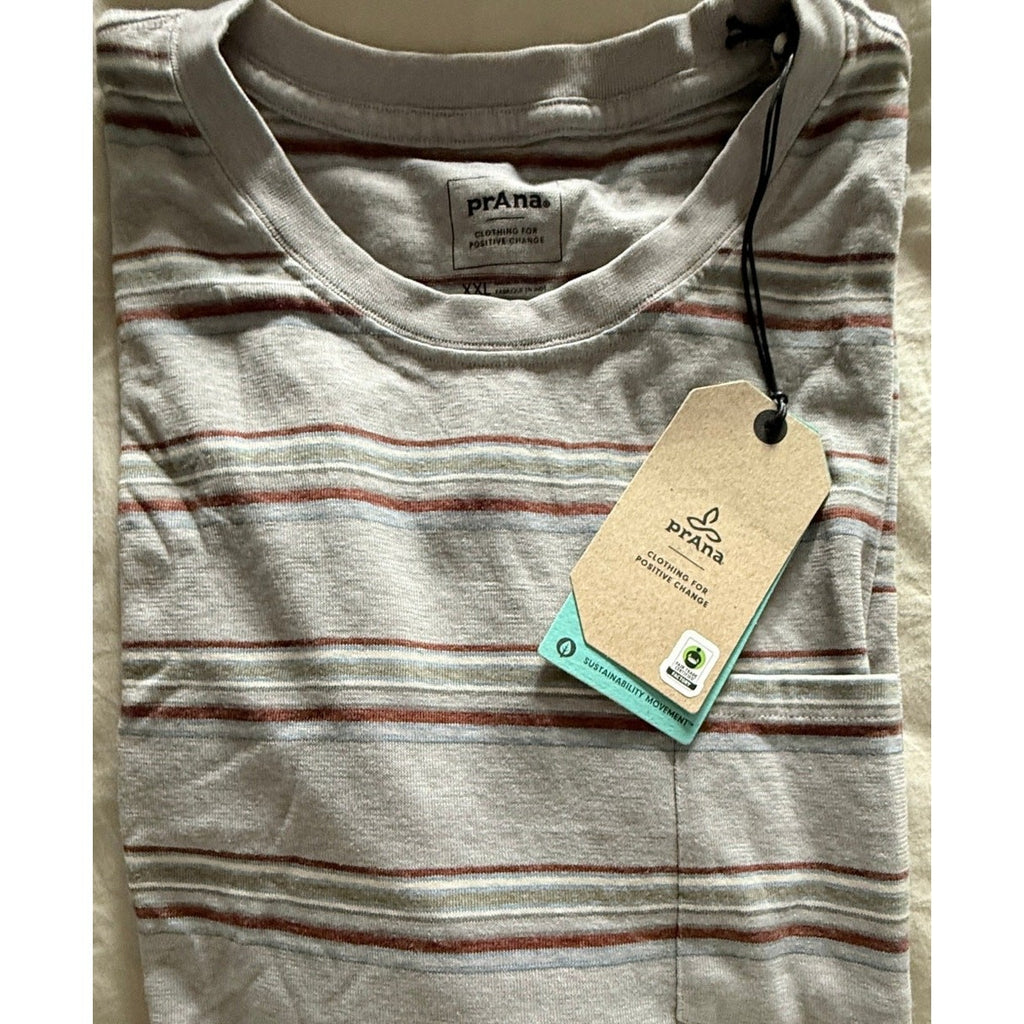 prAna Cardiff Pocket Tee Men’s XXL Alloy Stripe Hemp Organic Cotton Eco NWT