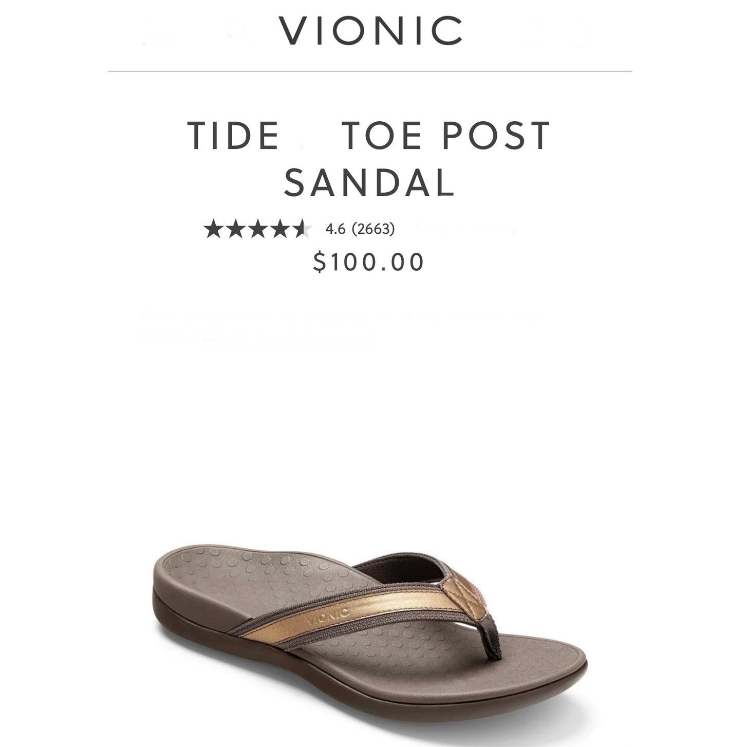 Vionic Tide Womens Flat Thong Sandals Bronze Metallic Leather Size 11 M NIB 