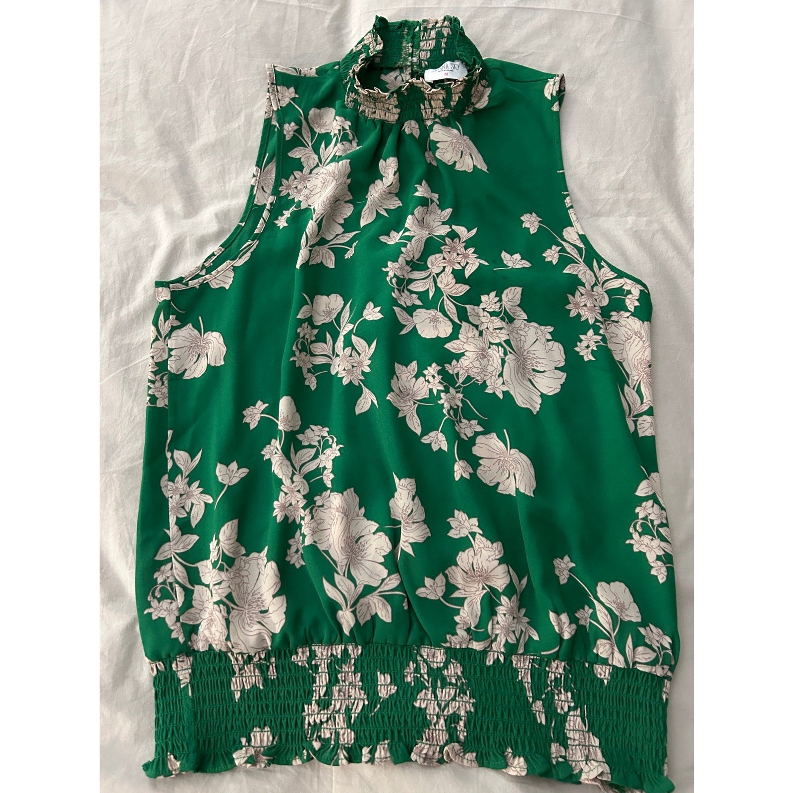 Sienna Sky Green Floral Top – Smocked Neck, Sleeveless, Loose Fit Blouse Size M 