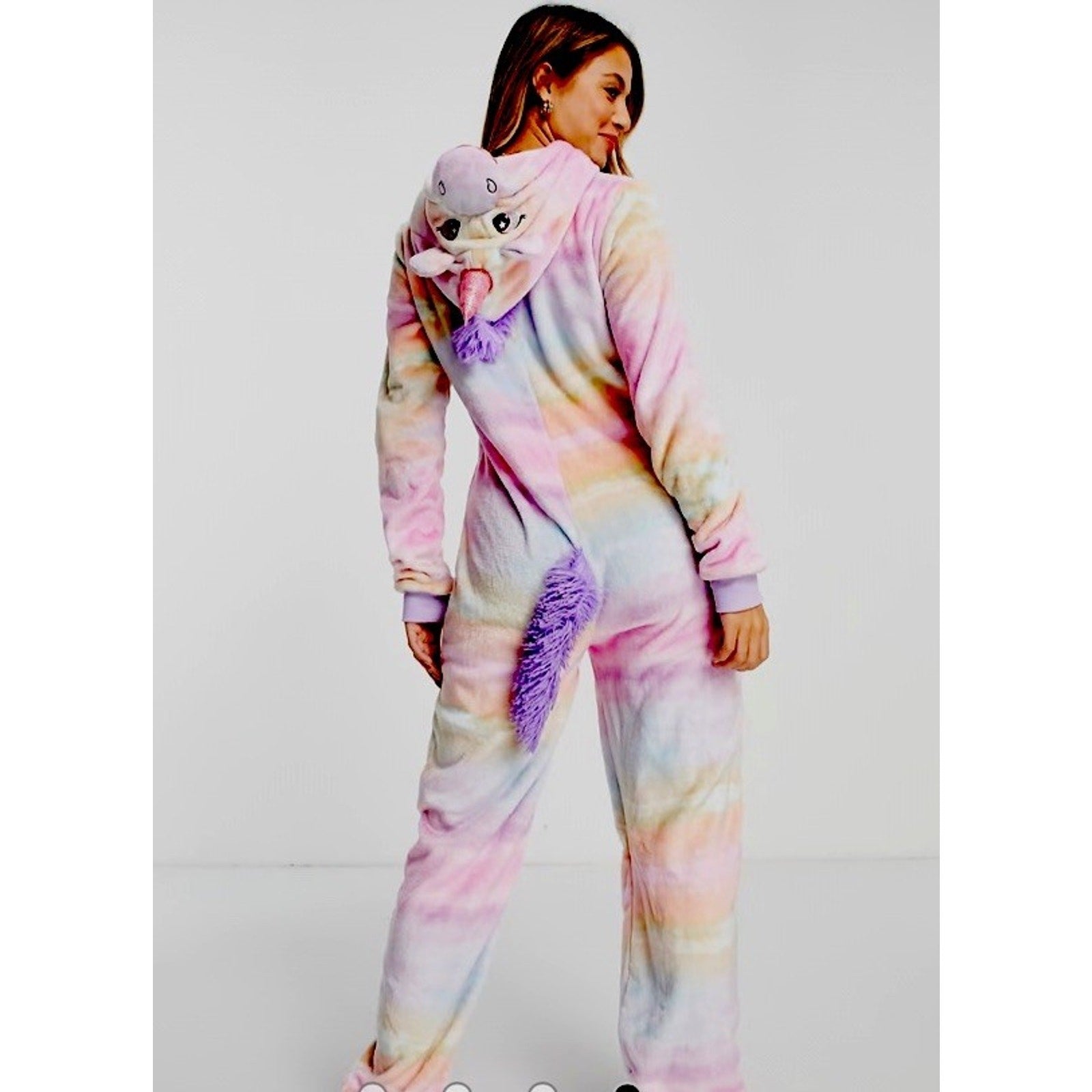 NWT Unicorn Hooded Lounge Sleepwear Costume Pajamas, Medium Pastel Rainbow Plush