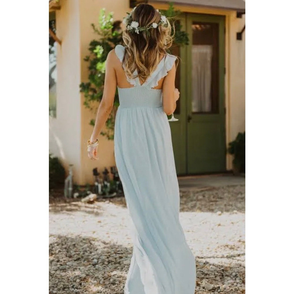 Show Me Your Mumu June Maxi Smocked V-Back Dress Silver Sage Crisp Size XXS NWT