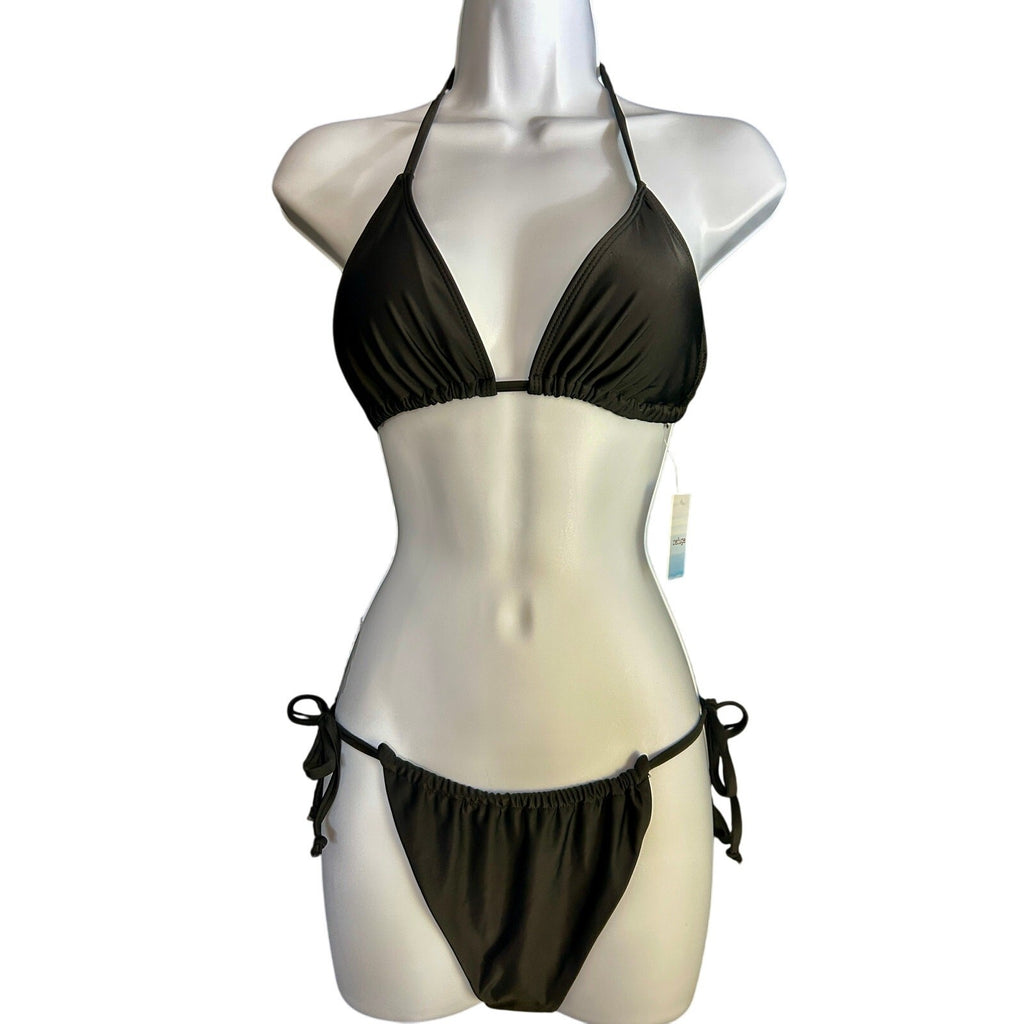 Refuge Black Strappy Triangle Bikini Set – M Top, S Bottom, Sexy, Halter Tie