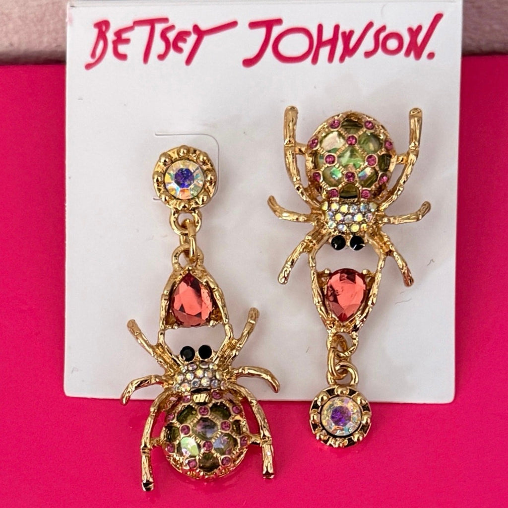 Betsey Johnson Spider Crystal Dangle Earrings Gothic Rhinestone Jewelry
