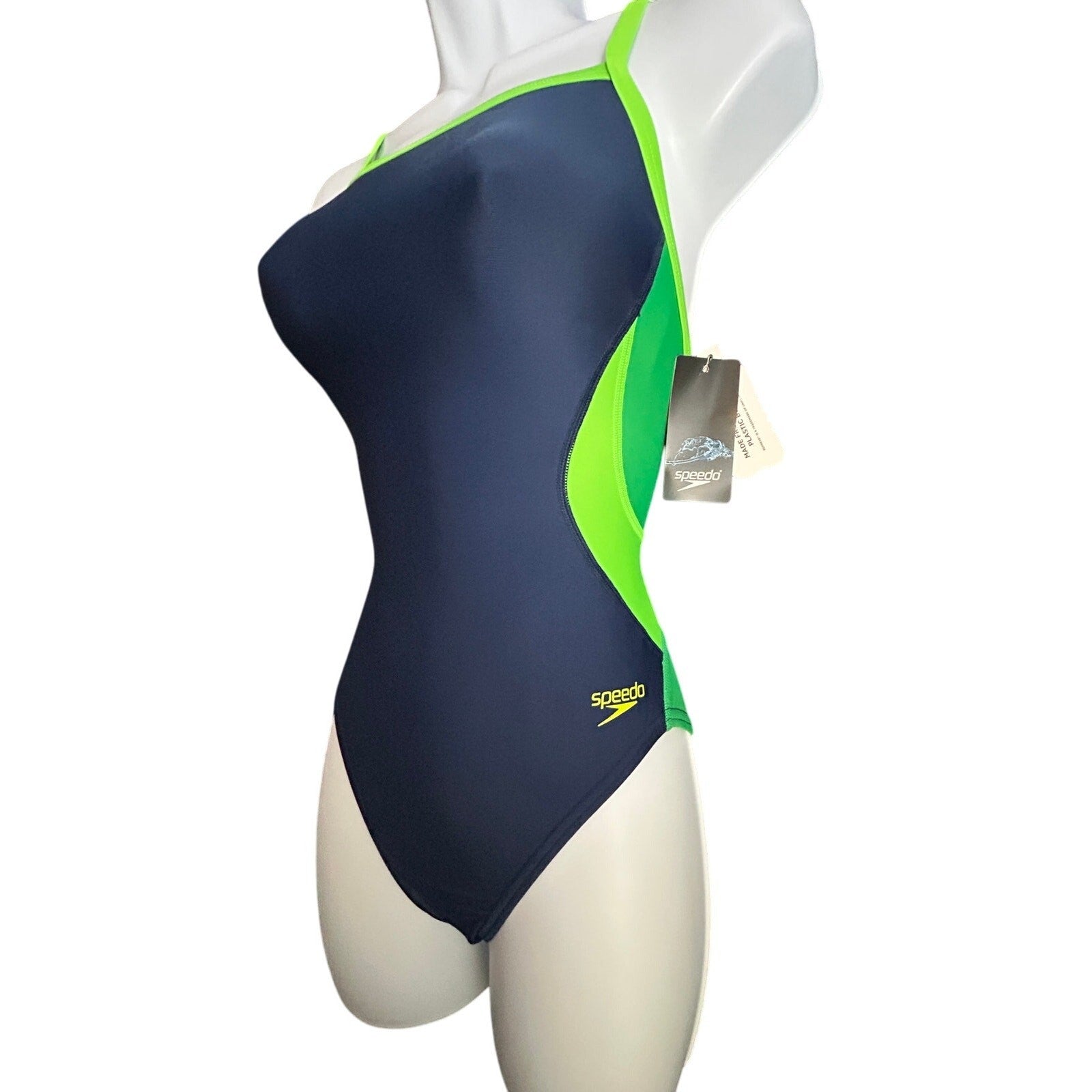 Speedo Eco Splice Flyback Swimsuit ProLT SwimTeam Competition Navy/Green Sz 28