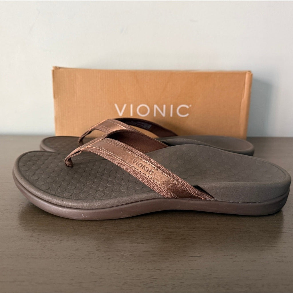Vionic Tide Womens Flat Thong Sandals Bronze Metallic Leather Size 11 M NIB 